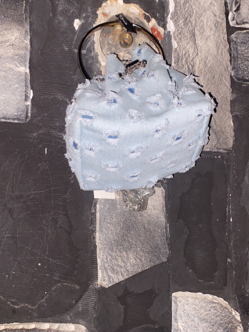 Light Blue Textured Fabric Mini Bag with Key Ring